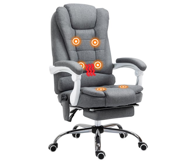 Conforama Vinsetto Silla de Masaje con 6 Puntos de Masaje Silla de Oficina Silla de Escritorio Reclinable con Altura Ajustable Función de Calentamiento Reposapiés y Control Remoto 65x70x111-119 cm Gris