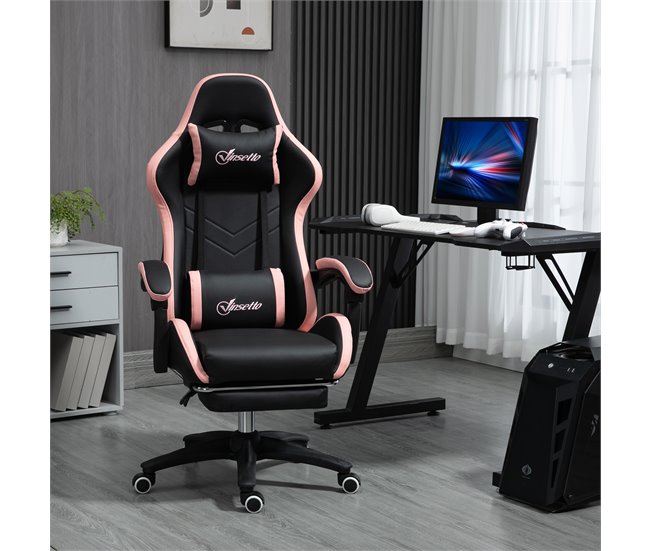 Conforama Vinsetto Silla Gaming Silla Gamer Racing De Cuero PU Con Altura Ajustable Reclinable 135° Reposacabezas Y Reposapiés Retráctil Para Oficina Estudio 65x65x121-129 Cm Negro