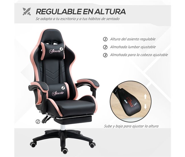 Conforama Vinsetto Silla Gaming Silla Gamer Racing De Cuero PU Con Altura Ajustable Reclinable 135° Reposacabezas Y Reposapiés Retráctil Para Oficina Estudio 65x65x121-129 Cm Negro