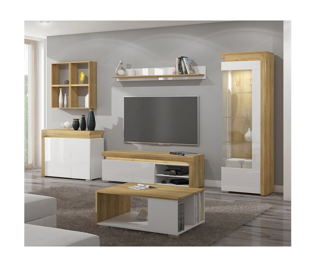 Conforama Vitrina 1 Puerta Apertura A La Derecha Con LED Teo Blanco Y Madera