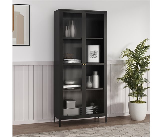 Conforama Vitrina Säkylä Con 2 Puertas Y 4 Estantes Cristal Acanalado Y Acero 180 X 80 X 35 Cm - Negro Y Translúcido [en.casa]