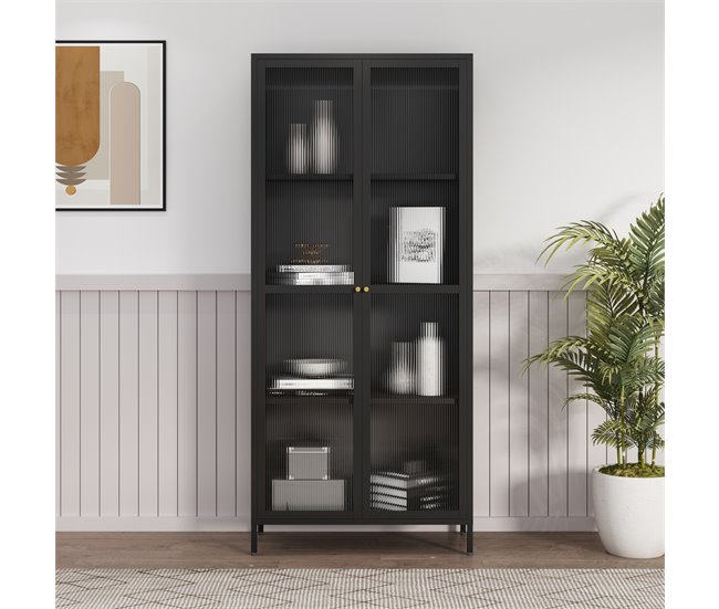 Conforama Vitrina Säkylä Con 2 Puertas Y 4 Estantes Cristal Acanalado Y Acero 180 X 80 X 35 Cm - Negro Y Translúcido [en.casa]