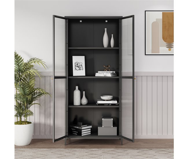 Conforama Vitrina Säkylä Con 2 Puertas Y 4 Estantes Cristal Acanalado Y Acero 180 X 80 X 35 Cm - Negro Y Translúcido [en.casa]