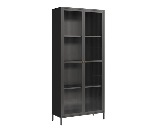 Conforama Vitrina Säkylä con 2 puertas y 4 estantes cristal acanalado y acero 180 x 80 x 35 cm - Negro y Translúcido [en.casa]