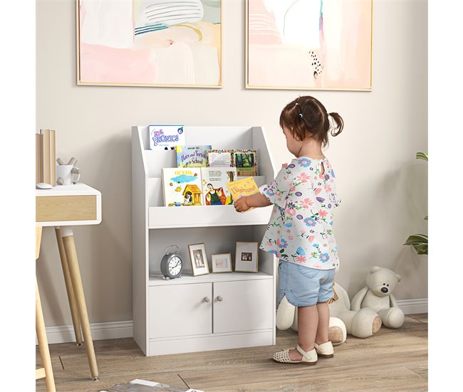 Conforama ZONEKIZ Estantería Juguetes Infantil Librería Para Niños De 3 A 8 Años Para Juguetes Libros Zapatos Con 3 Compartimentos Y 2 Armarios Para Escuela Dormitorio 60x29 5x100 Cm Blanco