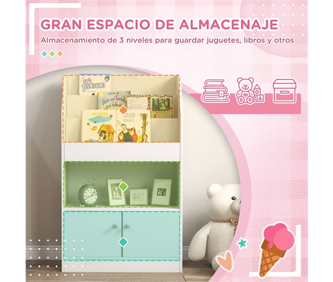 Conforama ZONEKIZ Estantería Juguetes Infantil Librería Para Niños De 3 A 8 Años Para Juguetes Libros Zapatos Con 3 Compartimentos Y 2 Armarios Para Escuela Dormitorio 60x29 5x100 Cm Blanco