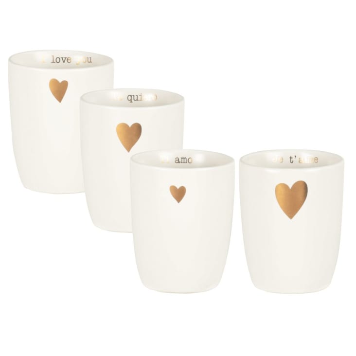 Maisons Du Monde AMORE - Juego De Tazas (x4) De Cerámica Blanca Con Corazones Dorados