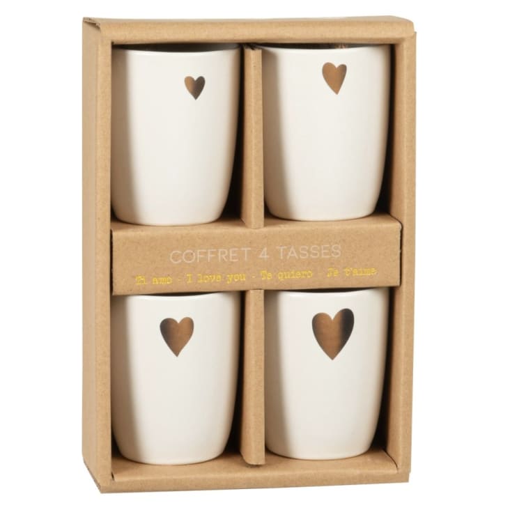 Maisons du Monde AMORE - Juego de tazas (x4) de cerámica blanca con corazones dorados
