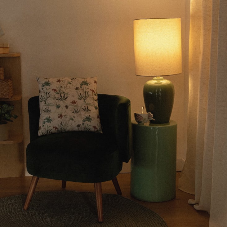 Maisons Du Monde Anilia - Lámpara De Mesa De Cerámica Verde Con Pantalla De Poliéster Reciclado Blanco