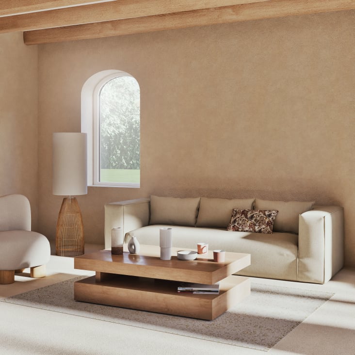 Maisons Du Monde AOUDA - Lámpara De Pie De Ratán Y Pantalla De Lino Blanco Alt. 140