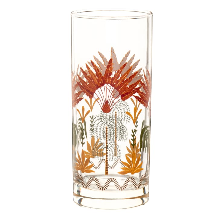 Maisons Du Monde AQABA - Vasos De Cristal Transparente Con Estampado De Palmeras Multicolor (x6) Con Soporte Sombrilla Fibra Vegetal