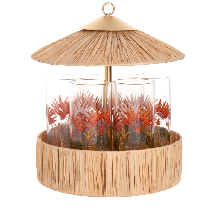 Maisons du Monde AQABA - Vasos de cristal transparente con estampado de palmeras multicolor (x6) con soporte sombrilla fibra vegetal