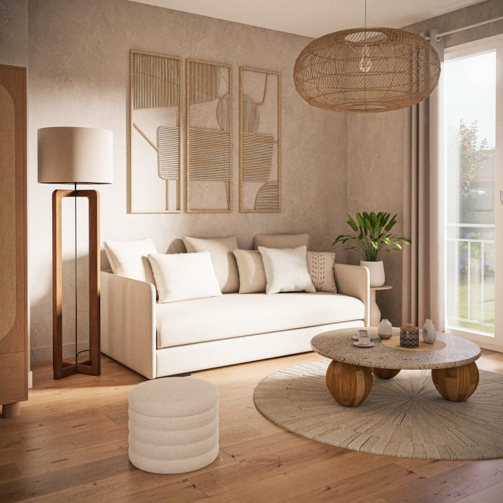 Maisons Du Monde ARIANA - Lámpara De Pie De Madera De Mango Con Pantalla De Lino Beige Alt. 166