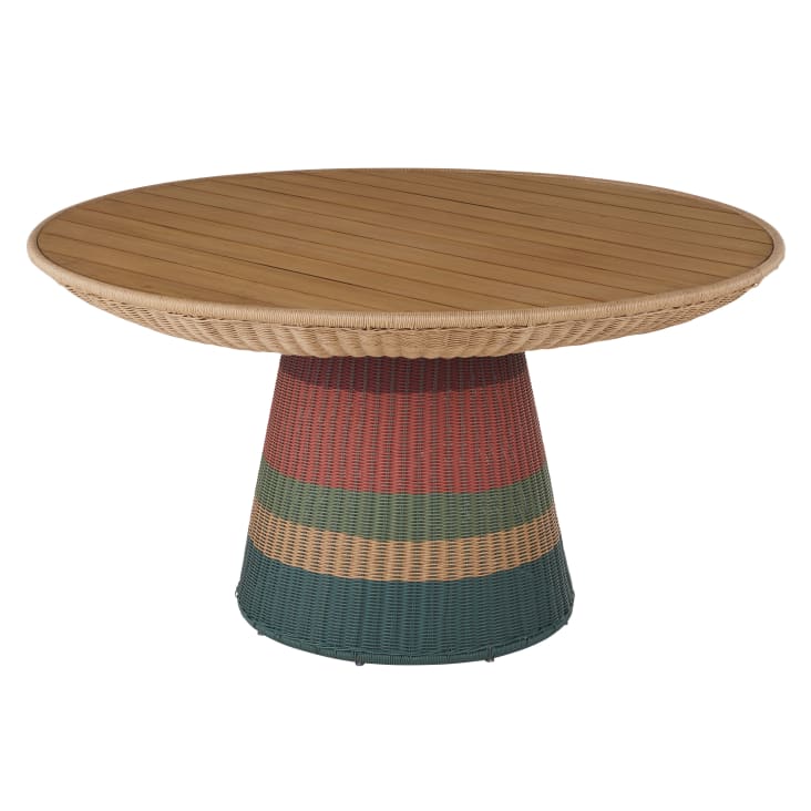 Maisons du Monde Bagoa - Mesa de jardín redonda de madera de teca y resina reciclada tejida multicolor para 8 personas D140