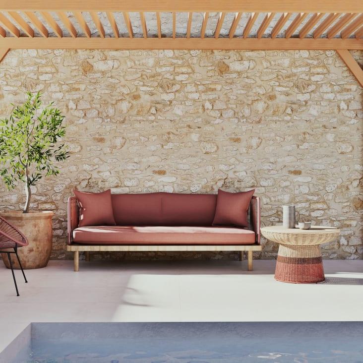 Maisons Du Monde Bagoa - Mesita De Café Redonda Para Jardín De Madera De Teca Y Resina Trenzada En Coral Y Terracota D. 70