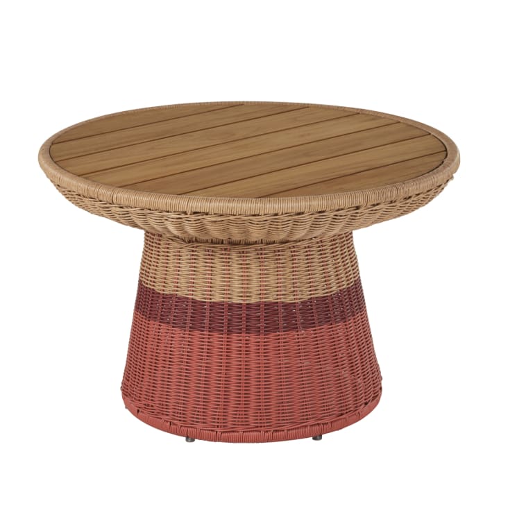 Maisons du Monde Bagoa - Mesita de café redonda para jardín de madera de teca y resina trenzada en coral y terracota D. 70