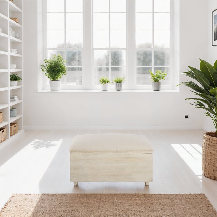 Maisons Du Monde Banco Baúl De 2 Plazas De Algodón Color Crudo Y Mango