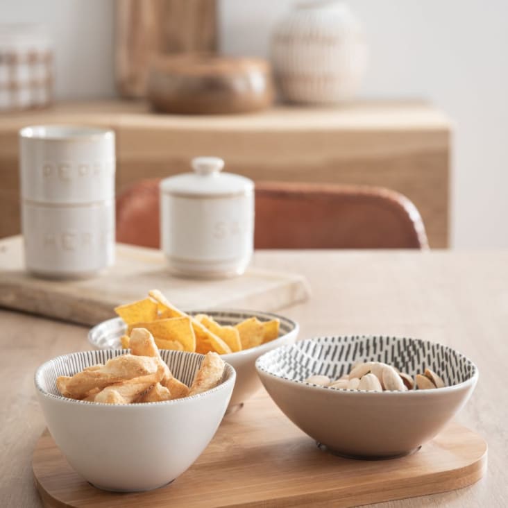 Maisons Du Monde Bandeja De Aperitivos De Bambú Con 3 Cuencos De Cerámica Blanca Y Gris Estampada
