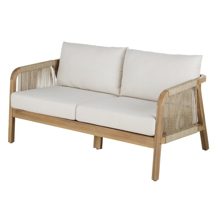 Maisons Du Monde Barcares - Banqueta De Jardín De Madera De Acacia Maciza Con Cojines Color Crudo