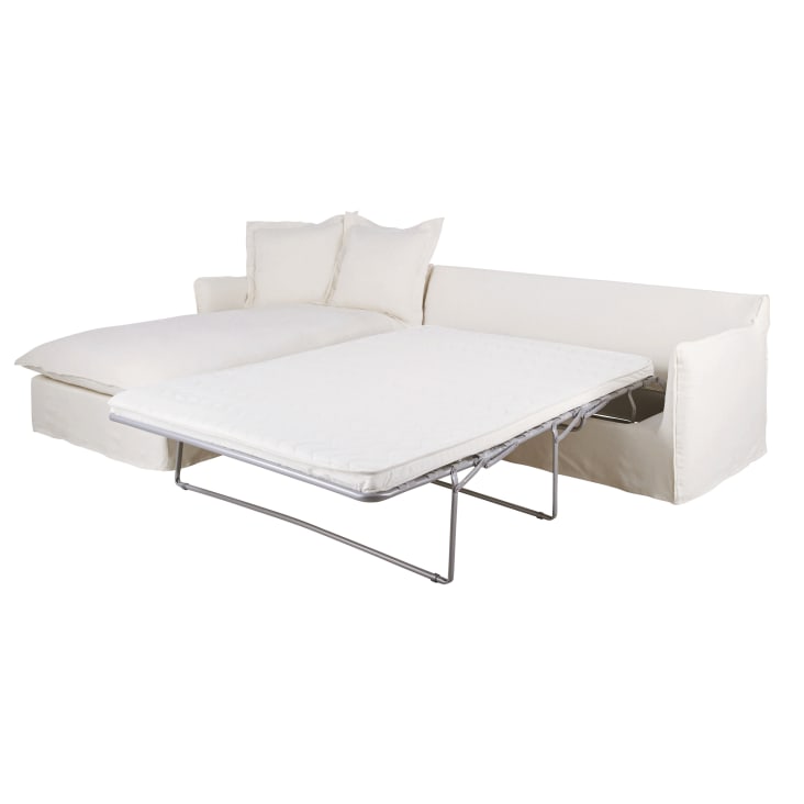 Maisons Du Monde Barcelone - Sofá Esquinero Izquierdo Convertible De 4/5 Plazas Efecto Lino Arrugado Blanco Colchón De 6 Cm