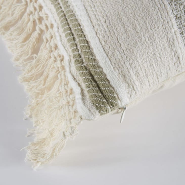 Maisons Du Monde BARICCI - Cojín De Algodón Reciclado En Crudo Y Verde Caqui Con Acabado De Macramé 45x45