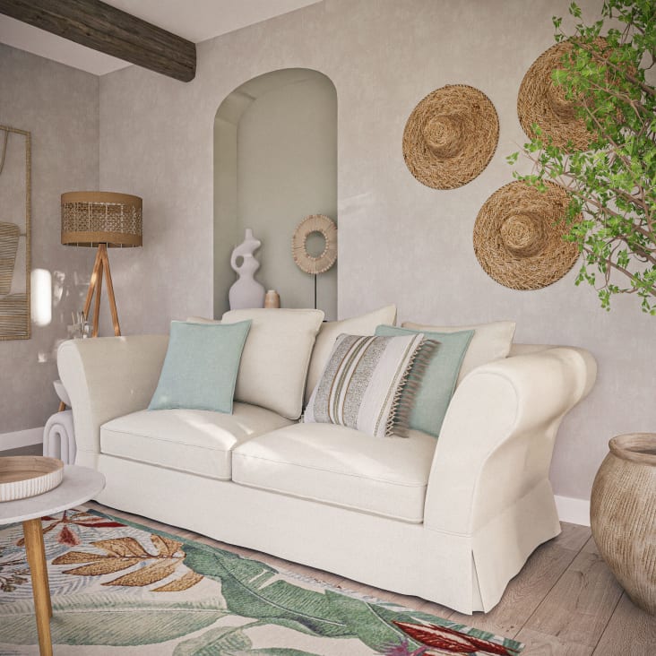 Maisons Du Monde BARICCI - Cojín De Algodón Reciclado En Crudo Y Verde Caqui Con Acabado De Macramé 45x45