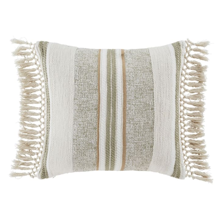 Maisons du Monde BARICCI - Cojín de algodón reciclado en crudo y verde caqui con acabado de macramé 45x45