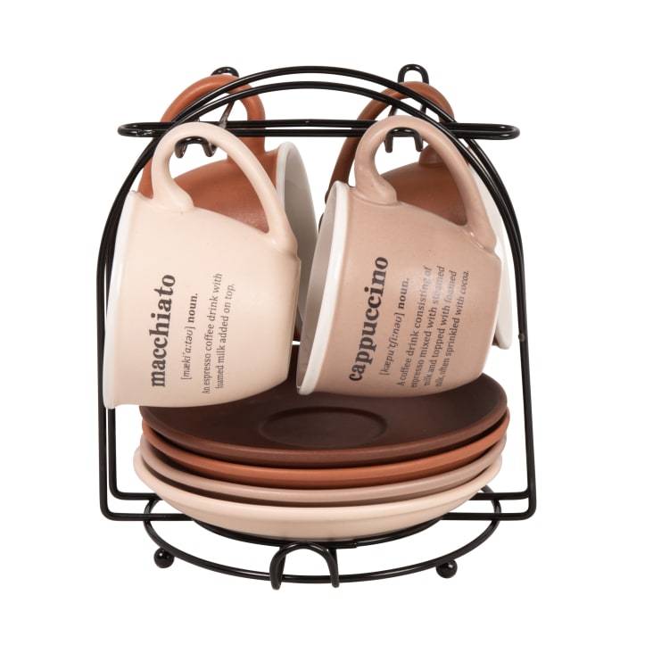 Maisons du Monde Barista - Set de 4 tazas y platillos de porcelana y soporte de metal negro
