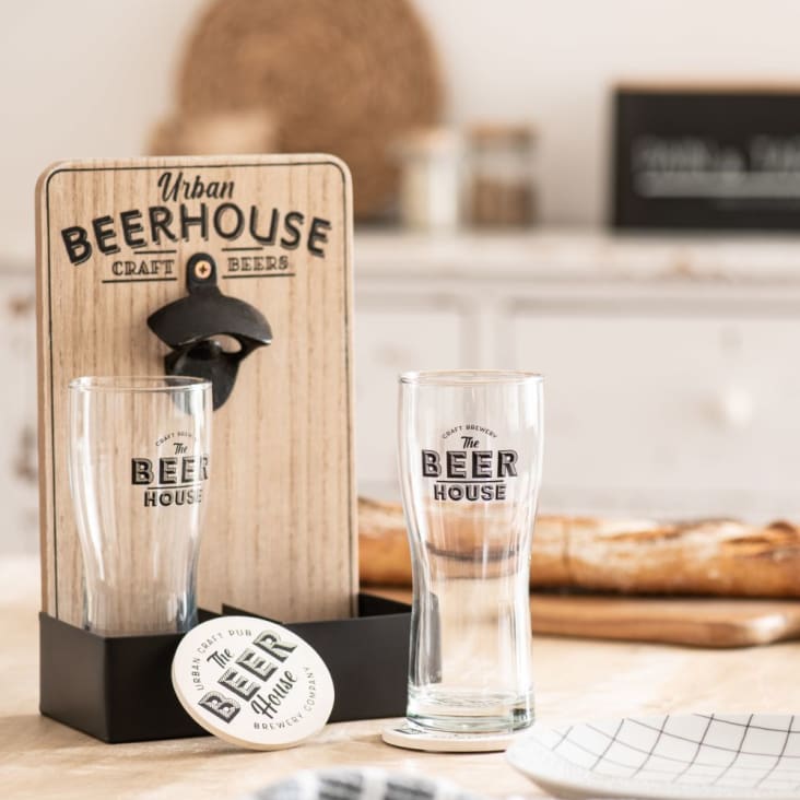 Maisons Du Monde BEERHOUSE - Soporte Para Copas De Cerveza (x2) De Eucalipto Y Metal Con Abridor Incorporado