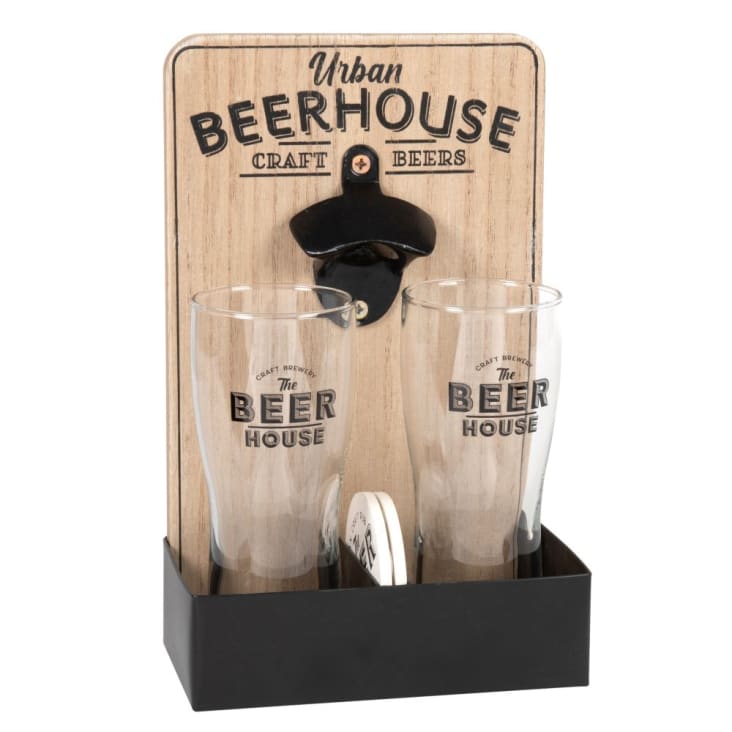 Maisons du Monde BEERHOUSE - Soporte para copas de cerveza (x2) de eucalipto y metal con abridor incorporado
