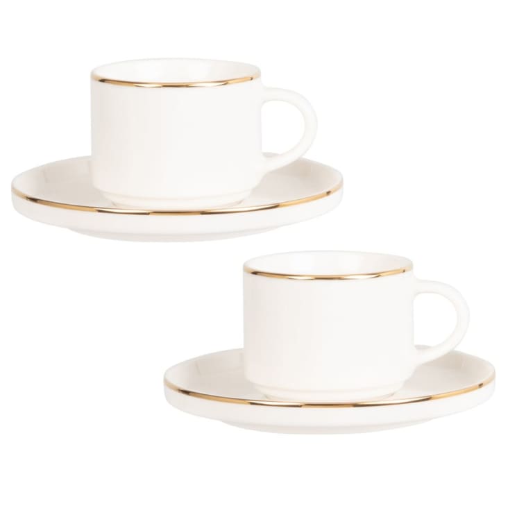 Maisons Du Monde BERENICE - Lote De 2 - Taza De Café Y Platillo De Porcelana Blanca Y Dorada