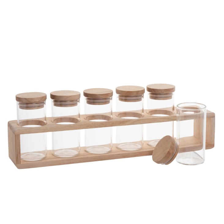 Maisons Du Monde Botes Para Especias De Vidrio Con Soporte De Madera De Hevea