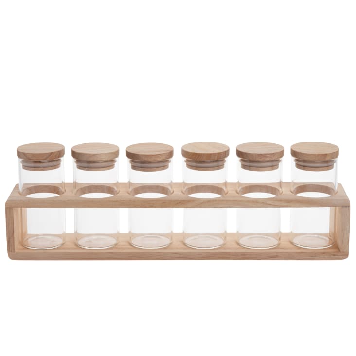Maisons du Monde Botes para especias de vidrio con soporte de madera de hevea