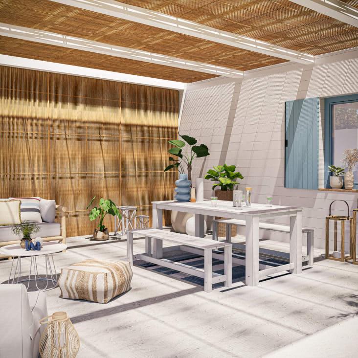 Maisons Du Monde Bréhat - Mesa + 2bancos De Jardín De Madera Blanca L. 180cm