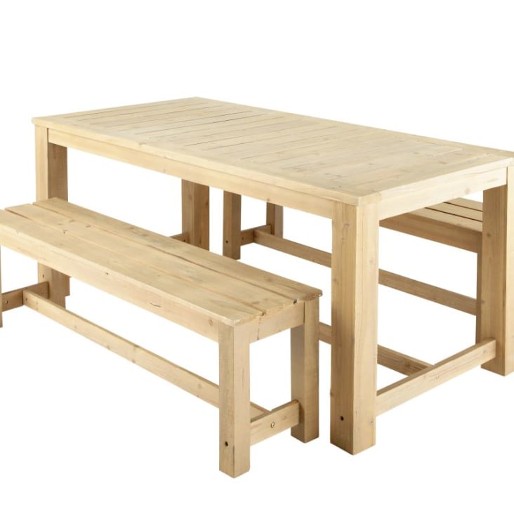 Maisons du Monde Bréhat - Mesa de jardín de abeto para 6 personas L. 180 cm y 2 bancos