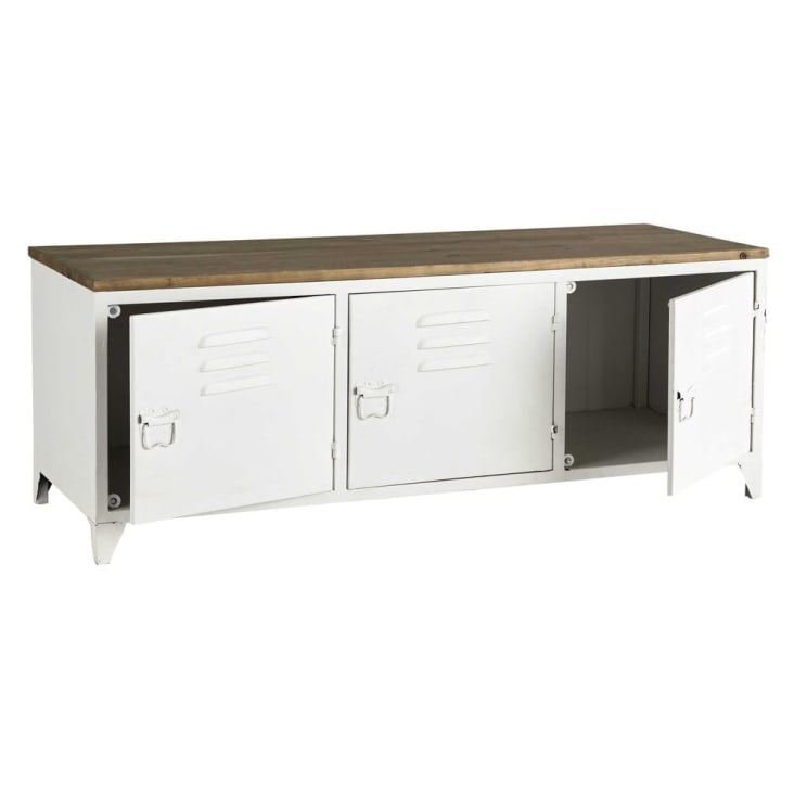 Maisons Du Monde Bruce - Mueble De TV Industrial 3 Puertas De Metal Blanco Y Abeto