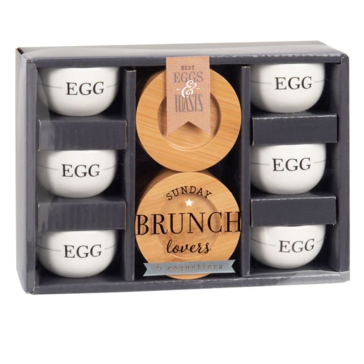Maisons du Monde BRUNCH - Huevera de porcelana blanca (x6) y platillos de bambú
