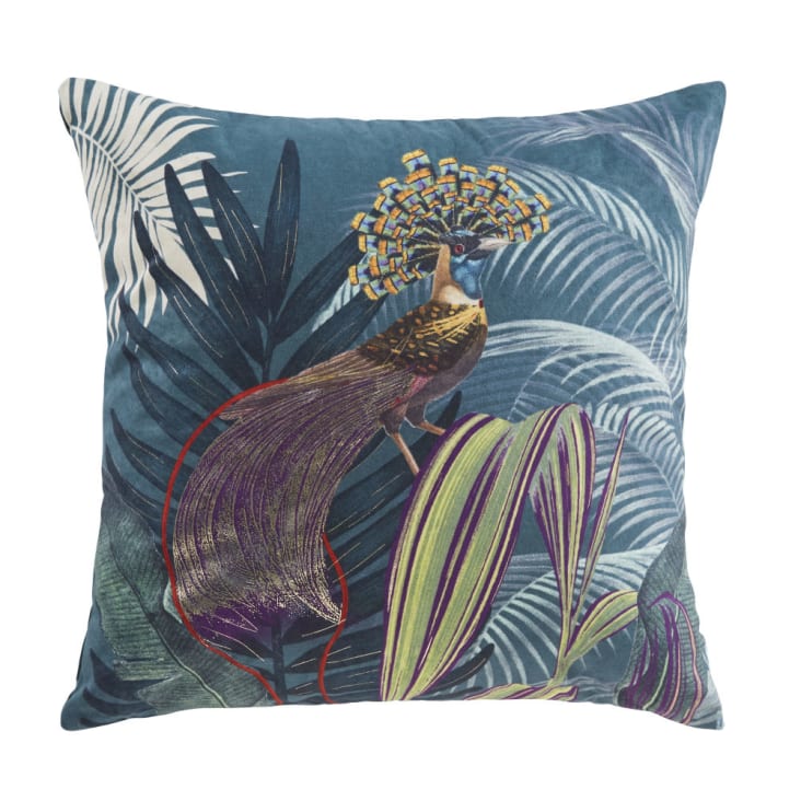 Maisons du Monde CALURI - Cojín de terciopelo con estampado de pavo real azul y motivos vegetales verdes 45x45