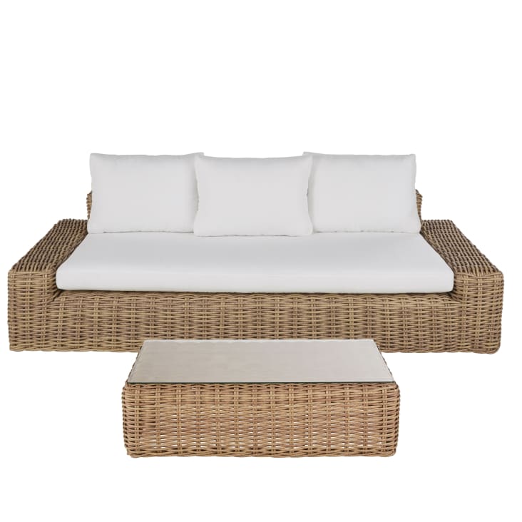 Maisons Du Monde Cerrado - Mesa De Centro De Jardín De Resina Beige Y Vidrio Templado De 119 Cm