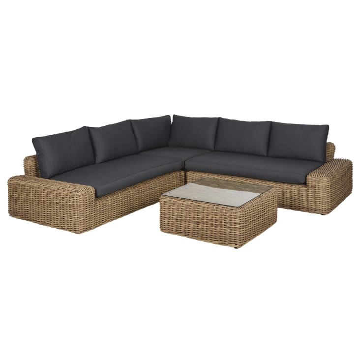 Maisons du Monde Cerrado - Salón de exterior de 5 plazas de resina trenzada efecto ratán con cojines gris antracita