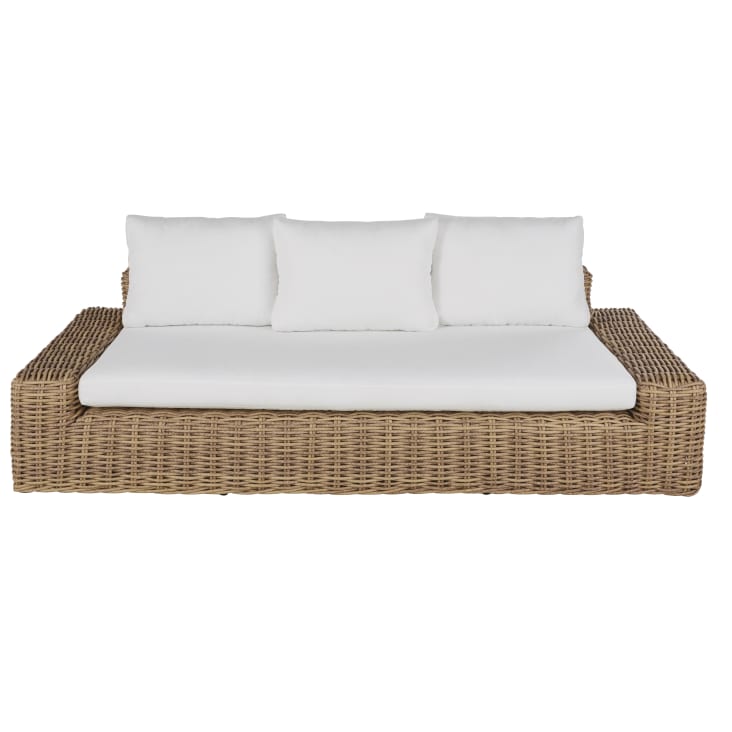 Maisons du Monde Cerrado - Sofá de jardín 3/4 plazas de resina reciclada tejida imitación ratán con cojines blancos de poliéster reciclado