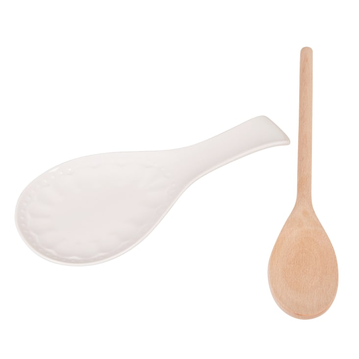 Maisons Du Monde Charlotte - Soporte Para Cuchara De Porcelana Blanco Con Cuchara De Madera De Haya