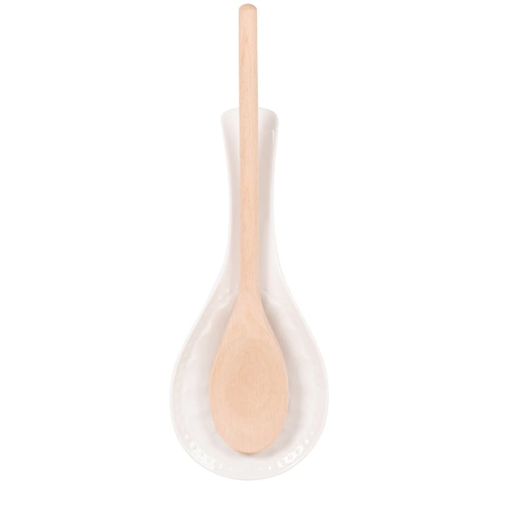 Maisons du Monde Charlotte - Soporte para cuchara de porcelana blanco con cuchara de madera de haya
