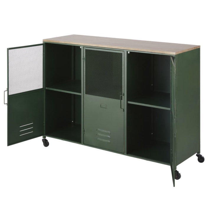 Maisons Du Monde Chilham - Aparador Industrial De Abeto Y Metal Verde Con Ruedas Y 3 Puertas