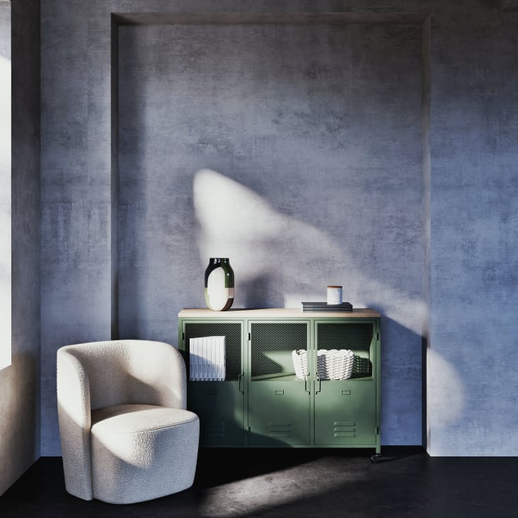 Maisons Du Monde Chilham - Aparador Industrial De Abeto Y Metal Verde Con Ruedas Y 3 Puertas