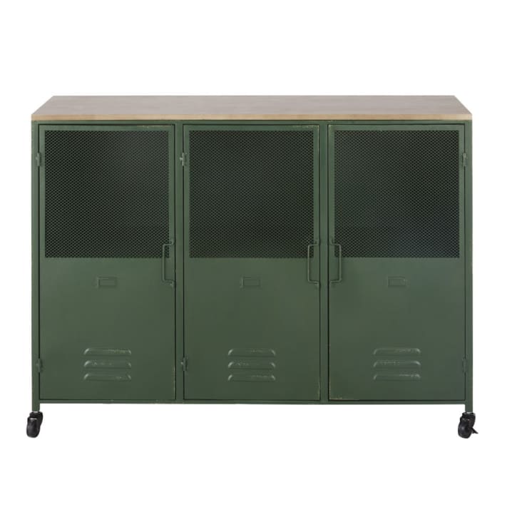 Maisons du Monde Chilham - Aparador industrial de abeto y metal verde con ruedas y 3 puertas