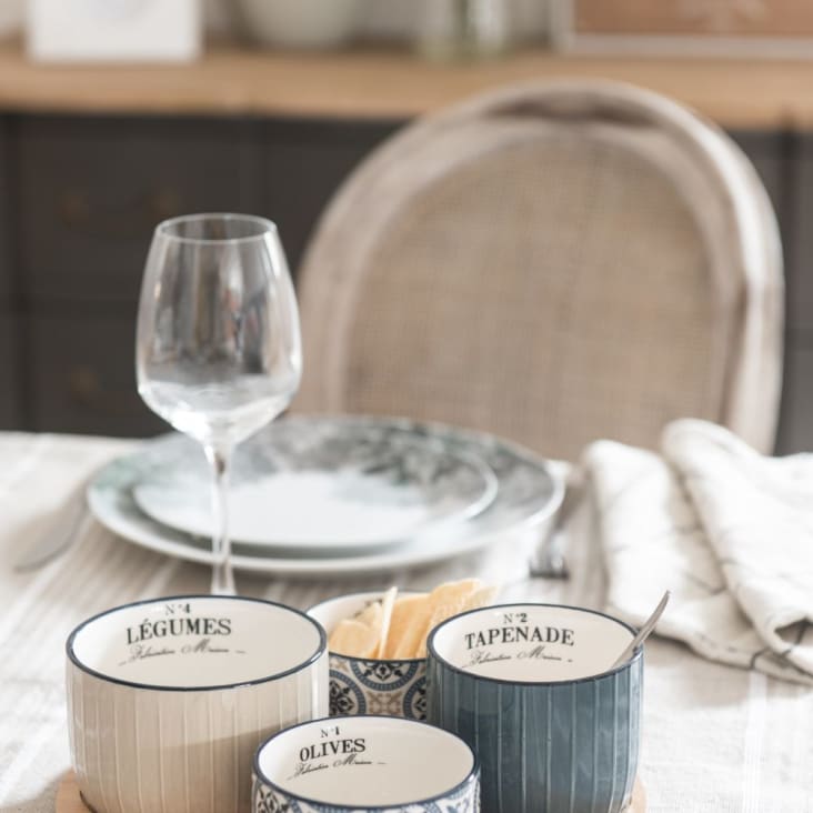 Maisons Du Monde CINTEGABELLE - Bandeja De Aperitivos De Bambú Con 4 Cuencos De Cerámica Azul Beige Y Blanca Con Motivos Decorativos