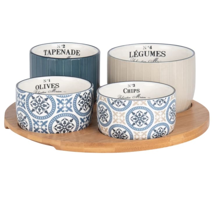 Maisons du Monde CINTEGABELLE - Bandeja de aperitivos de bambú con 4 cuencos de cerámica azul beige y blanca con motivos decorativos