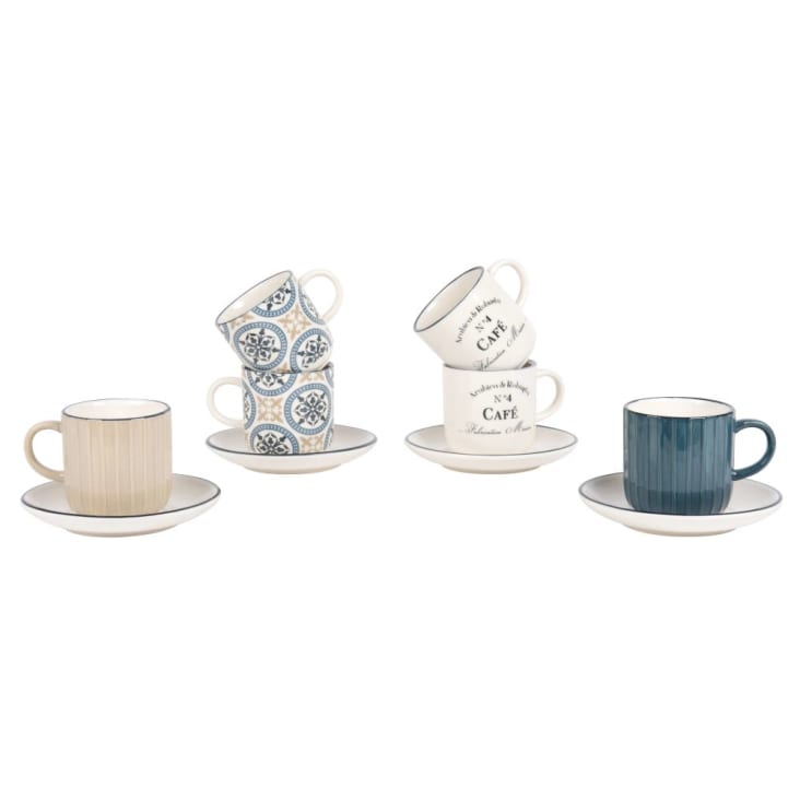Maisons Du Monde CINTEGABELLE - Tazas De Cerámica Blanca Y Azul Con Motivos Decorativos (x6) Con Soporte De Metal