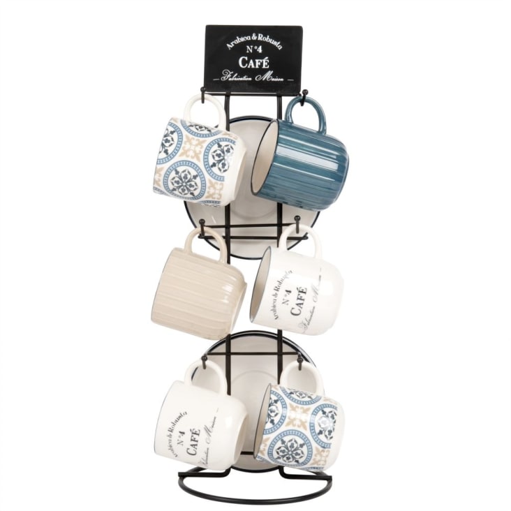 Maisons du Monde CINTEGABELLE - Tazas de cerámica blanca y azul con motivos decorativos (x6) con soporte de metal